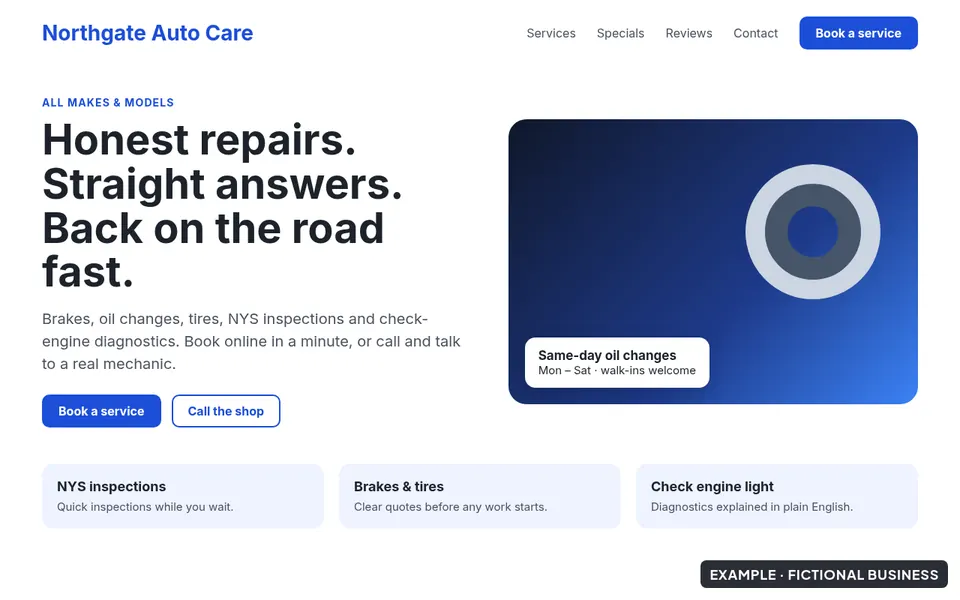 After: a modern redesign for the fictional auto repair shop, Northgate Auto Care. Services up front, a