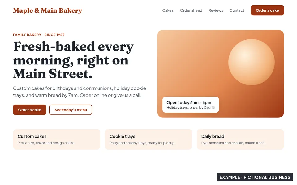After: a modern redesign for the fictional bakery, Maple & Main Bakery. A warm, mobile-friendly site with hours, order-ahead and clear specials