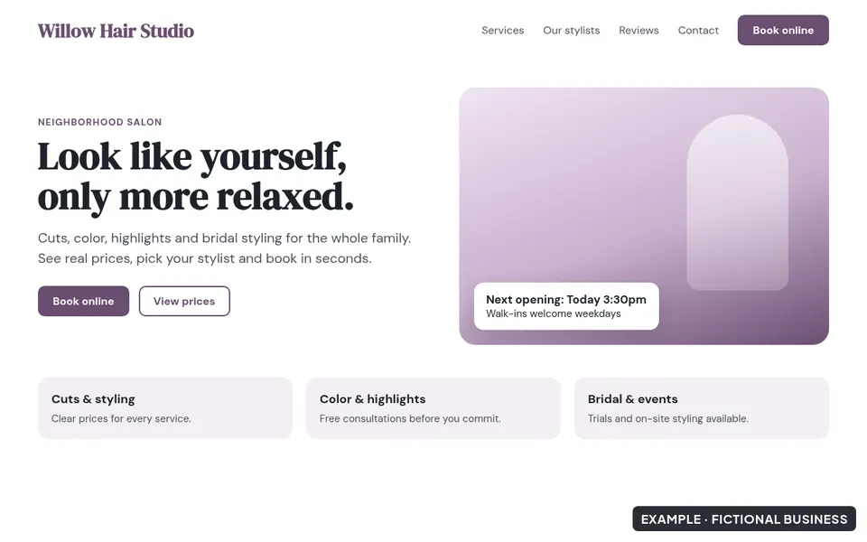 After: a modern redesign for the fictional hair salon, Willow Hair Studio. Clear services, prices and online booking that works on phones