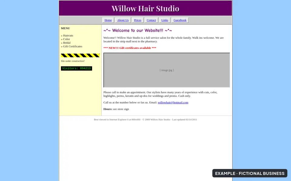 Before: an outdated website for a fictional hair salon, Willow Hair Studio. No prices,